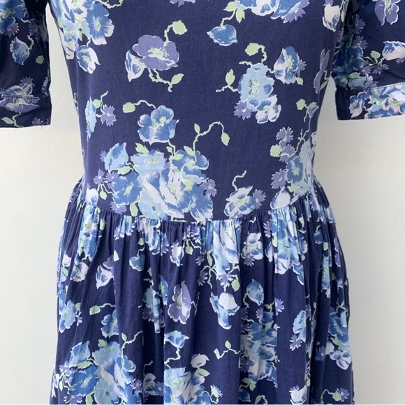 Vintage Laura Ashley UK 14 Cotton Tea Dress Blue Floral Puff Sleeve Square Neck - Picture 4 of 12